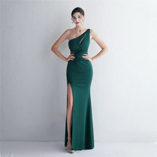 Sexy One-Shoulder Soft Satin Pleated Dress with Beading - Long Evening Party Maxi Dress with Slit for Women