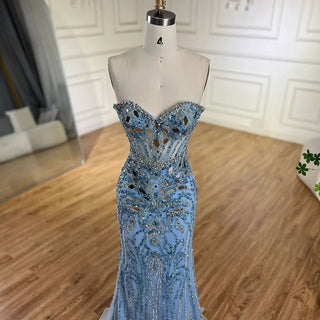 Arabic Blue Elegant Strapless Mermaid Beaded Luxury Dubai Evening Dresses Gowns 2024 for Women's Party