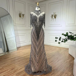 Dubai Luxury High-End Evening Dress 2024 - Champagne Grey with Beaded Tassel Detailing, Formal Attire