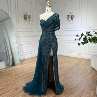 2024 Green Mermaid High Split One Shoulder Beaded Evening Dress: Gowns for Women's Wedding Party