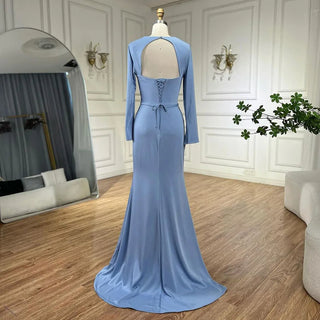 2024 Dubai Blue Satin Mermaid Black Luxury Arabic Lace-Up Evening Dress - Gown for Women's Wedding Party