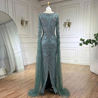 Ships in 1 to 3 Days - Turquoise Beaded Cape Sleeves Mermaid Long Evening Dress: Gowns for Women's Wedding Party