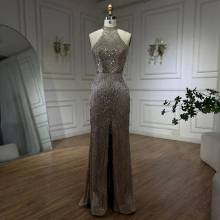 Mermaid Tassel Luxury Halter Evening Dress: Rhinestones, Pageant Gown, Sleeveless, Slit