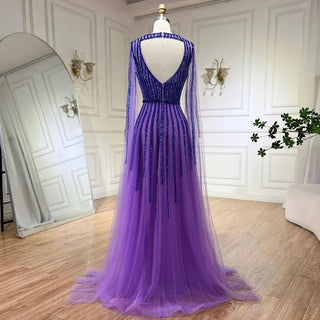 2024 Arabic Fuchsia Cape Sleeves A-Line Beaded Evening Dresses Long Celebrity Gowns for Woman Wedding Party