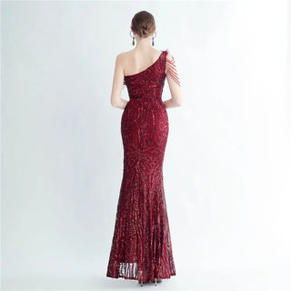 Elegant Slash Neck Feather Sequin Evening Dress - Beaded Long Party Maxi Dress for Women