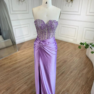 Ships in 1 to 3 Days - Luxurious Dubai Lilac Strapless Mermaid Evening Gown with Beaded Detailing and Split