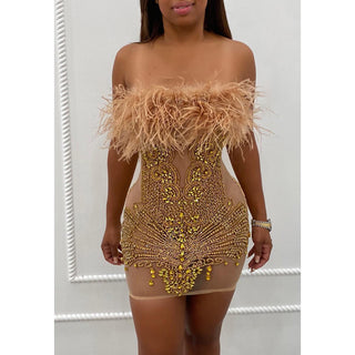 Ships in 1 to 3 Days - Luxurious Feather and Beaded Mini Dress with Sheer Panels