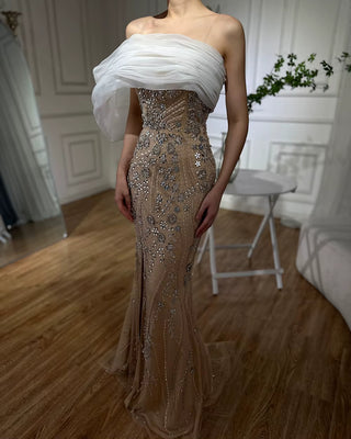 Nude One-Shoulder Split Saudi Arabic Evening Gown Beaded Dress for Formal Occasion