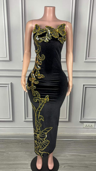 Elegant Black Strapless Gown with Gold Butterfly Embellishments