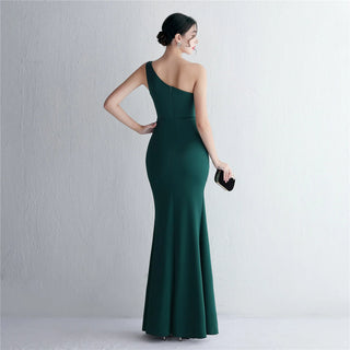 Sexy One-Shoulder Soft Satin Pleated Dress with Beading - Long Evening Party Maxi Dress with Slit for Women