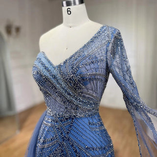 Arabian Blue Elegant Mermaid Evening Dress with Beaded Skirt - Luxury Ladies Wedding Party Dress 2024