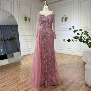 Arabian Blush Mermaid Overskirt - Luxurious Beaded Evening Gown for Women's Wedding Party 2024