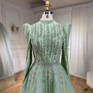 Ships in 1 to 3 Days - 2024 Dubai Arabic Designer Luxury Sage Green A-Line Beaded Evening Dress: Perfect for Women's Wedding Party