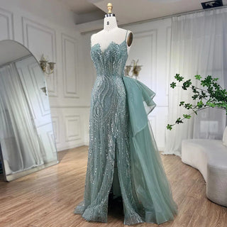 Ships in 1 to 3 Days - 2024 Sky Blue Spaghetti Strap Luxury Evening Dress: Mermaid Beaded Elegant Overskirt for Women's Party