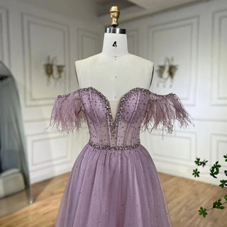 Ships in 1 to 3 Days - Dubai Arabic Elegant Lilac Feathers Beaded A-Line Evening Gown 2024 Luxury Dress for Women Long Party Dress