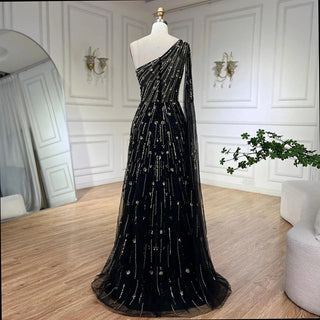 Dubai Green A-Line One-Shoulder Cape Sleeves Beaded Luxury Evening Dress - Gown for Women's Wedding Party