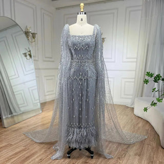 Ships in 1 to 3 Days - Bling Gray Mermaid Arabic Evening Dress with Cape Feather: Prom Formal Attire for Women's Wedding Party