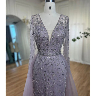 Lilac Long Sleeves Luxury Evening Dress 2024 - Elegant Diamond Mermaid Beaded Formal Dress, Dubai-inspired