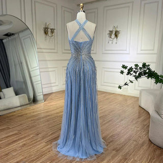 Dubai Azure: 2024 Turquoise Spaghetti Strap A-Line Luxury Beaded Evening Dress - Gown for Women's Wedding Party