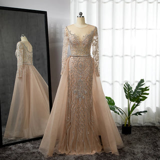 Nude Luxury Muslim Mermaid Evening Dress with Beaded Overskirt - Elegant Gown for Women's Party 2024