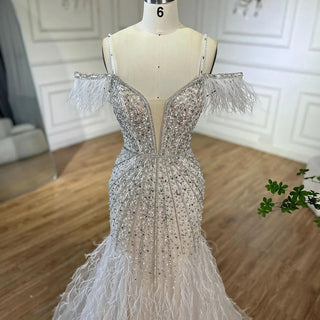 White Swan Opulence: Sexy Beaded Mermaid Evening Dress with Luxury Feathers - 2024