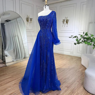 Ships in 1 to 3 Days - Arabic Blue Mermaid Evening Gown with Beaded Overskirt - Luxury Dress for Women's Wedding Party 2024