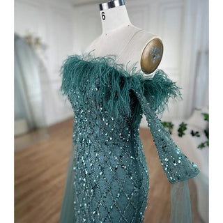 Dubai Caramel Feather Beaded Mermaid Evening Gown: Elegant Cape Sleeves for Women's Wedding Party 2024