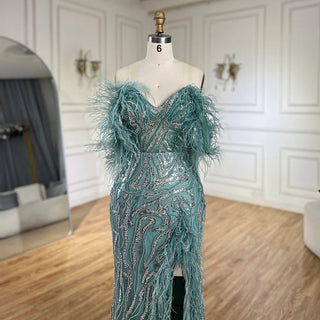 Turquoise Spaghetti Strap High-Split Mermaid Beaded Feathers Evening Gown for Women Wedding Party 2024