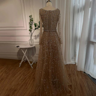 Dubai Arabic Designer Luxury Nude A-Line Beaded Evening Dress - Women's Wedding Party Gown (2024)