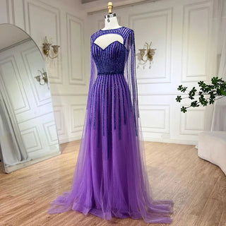 2024 Arabic Fuchsia Cape Sleeves A-Line Beaded Evening Dresses Long Celebrity Gowns for Woman Wedding Party