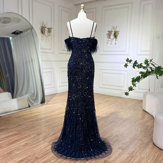 Ships in 1 to 3 Days - Green Mermaid High Split Spaghetti Strap Evening Dress: 2024 Feather Beaded Gown for Women's Party