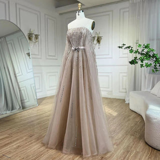 Black A-Line Strapless Evening Dresses 2024 - Cape Sleeves with Luxury Crystal Beading for Women's Party