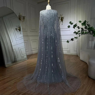 Ships in 1 to 3 Days - Arabic Silver Mermaid Cape Sleeves Beaded Evening Dress Luxury Gown 2024 for Women Wedding Party