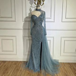 Ships in 1 to 3 Days - Arabic Blue Mermaid Evening Dress with High Split and Beading - Women's Wedding Party Gown (2024)