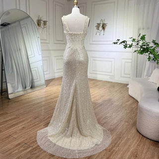 Ships in 1 to 3 Days - Beige Mermaid Floor-Length Evening Gown - Luxury Beaded Crystal Spaghetti Strap Party Dress for Women (2024)