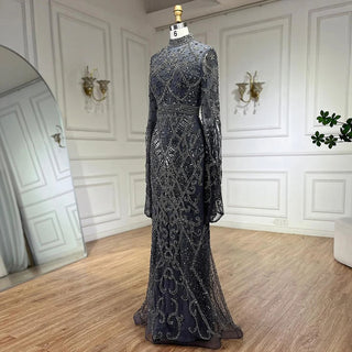 Grey Muslim Mermaid Elegant Cape Sleeve Beaded Luxury Dubai Long Evening Dress - Women's Party 2024