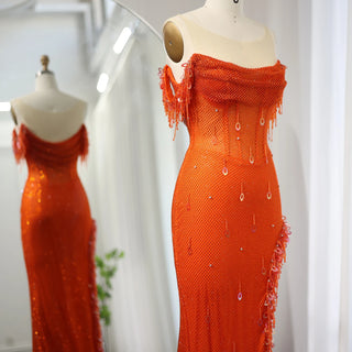 Luxury Crystal Dubai Sage Green Evening Dresses: Orange Arabic High Slit Prom Dress for Women's Wedding Party Elegance