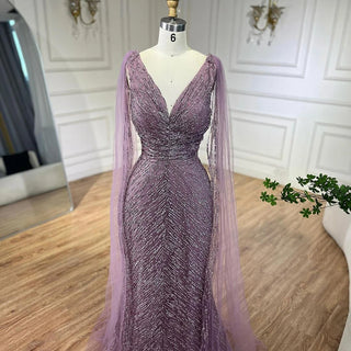 Customized Arabic Nude Luxury A-Line Beaded Evening Dress with Cape Sleeves for Women’s Wedding Party