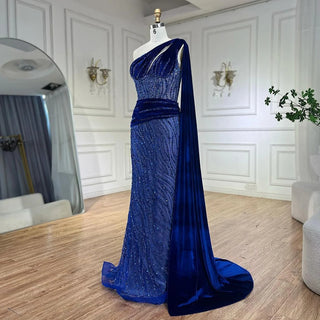 Ships in 1 to 3 Days - Blue Mermaid One Shoulder Elegant Cap Sleeve Beaded Luxury Evening Dresses: Gowns for Women's Party 2024