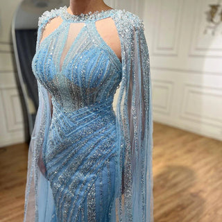 Ships in 1 to 3 Days – Lilac Mermaid Evening Gown 2024: Cape Sleeves, Luxury Beaded, Open Split for Women's Wedding Party