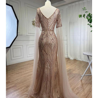 Emerald Elegance: 2024 Luxury Evening Dresses with Cape Sleeves in Rose Gold and Gray