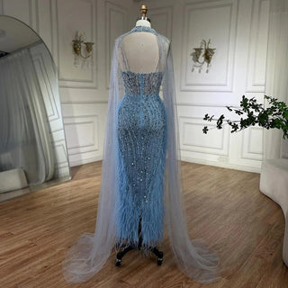 2024 White Nude Mermaid Wedding Party Dress: Beaded Feathers Luxury Cape Sleeves Prom Gown