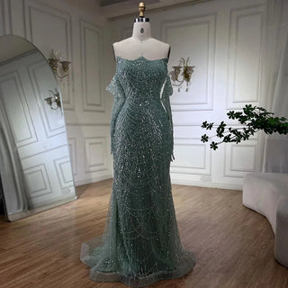 Dubai Arabian Green Luxury Evening Gown 2024 - Strapless Mermaid Dress with Gloves for Women's Wedding Parties