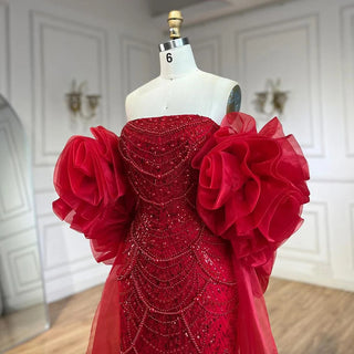 Ships in 1 to 3 Days - Red Long Cape Mermaid Evening Dress with Puff Sleeves, Beaded Overskirt, and Elegant Design for Women's Party