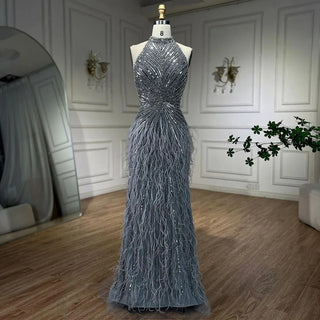 Dubai Halter Beige Feathers Beaded Formal Luxury Mermaid Evening Dress for Women Wedding Party 2024