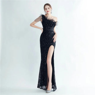 Elegant Slash Neck Feather Sequin Evening Dress for Women Beading Long Party Maxi Dress