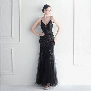 Sexy Gold Sequin Mesh Evening Dress - Strap Party Maxi Prom Dress for Women