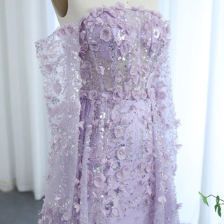 Elegant 3D Flowers Pink Luxury Dubai Evening Dress with Overskirt: Lilac Long Sleeves for Women's Wedding Party