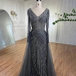 Ships in 1 to 3 Days - Sapphire Serenity: Elegant Beaded V-Neck Mermaid Gown in Blue Grey Party 2024