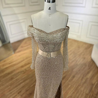 Ships in 1 to 3 Days - Arabic Nude Mermaid One-Shoulder Beaded Luxury Dubai Evening Dress - Gown for Women's Wedding Party 2024